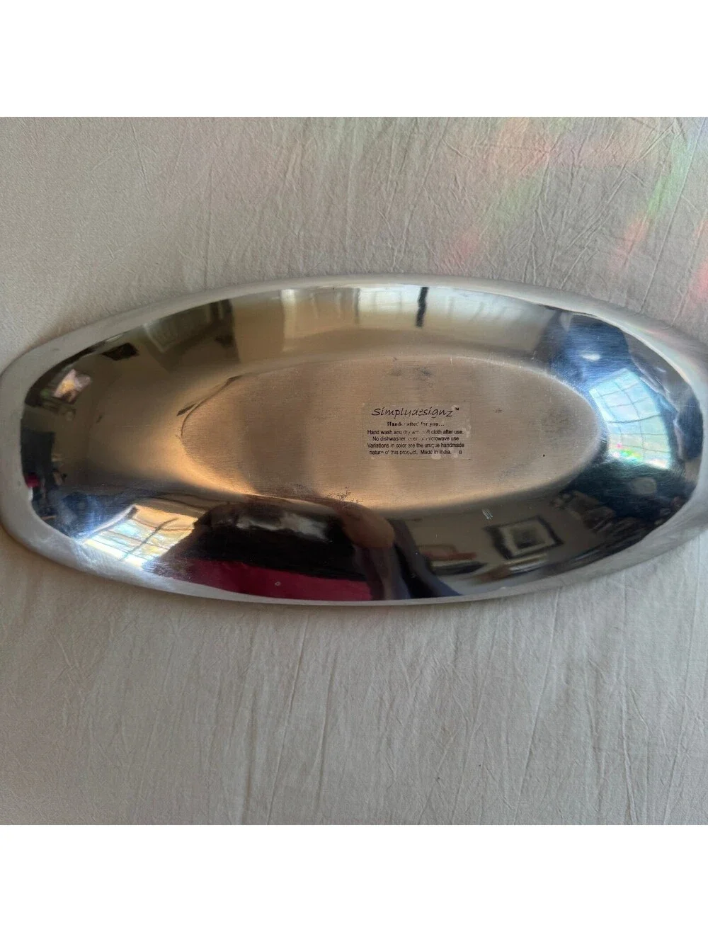 Simplydesignz Handcrafted Aluminum Oval Tray Silver Texture Sunburst Platter MCM